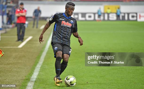 Christopher Antwi - Adjej of Paderborn runs with the ball during the 3. Liga match between SC Paderborn 07 and F.C. Hansa Rostock at Benteler Arena...