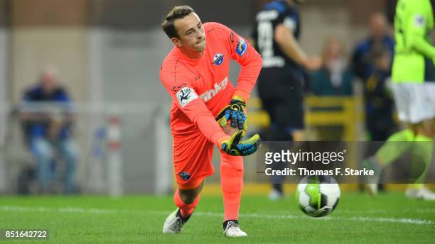 Goalkeeper Leopold Zingerle of Paderborn in action during the 3. Liga match between SC Paderborn 07 and F.C. Hansa Rostock at Benteler Arena on...