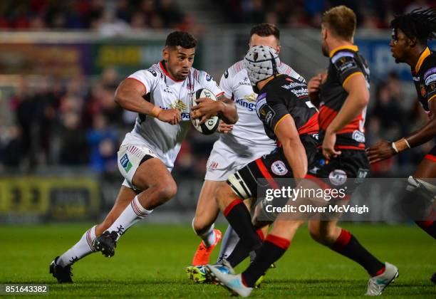 Belfast, United Kingdom - 22 September 2017; Charles Piutau of Ulster in action against Ollie Griffiths of Dragons during the Guinness PRO14 Round 4...