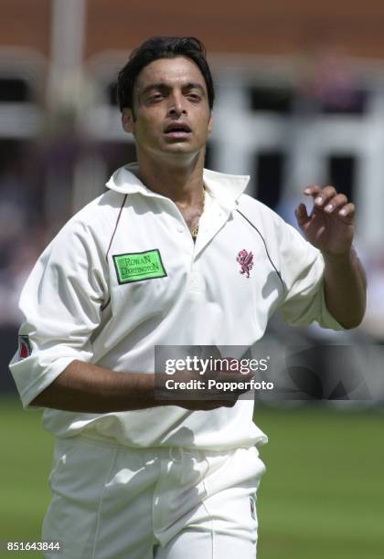 Shoaib Akhtar of Somerset bowling during the First-Class Tour match between Somerset and Australia at the County Ground on July 13, 2001 in Taunton,...