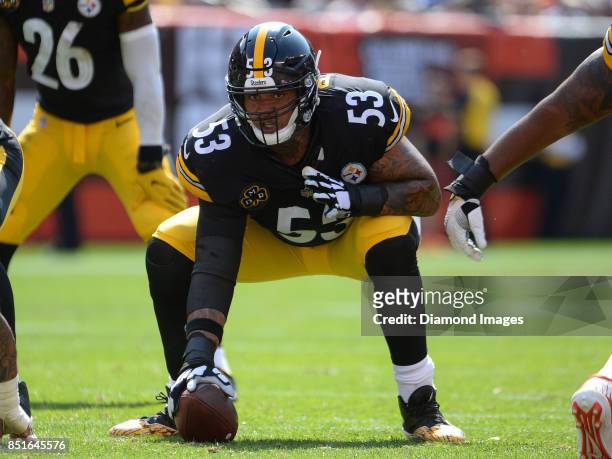 Center Maurkice Pouncey of the Pittsburgh Steelers awaits the snap from his position in the third quarter of a game on September 10, 2017 against the...