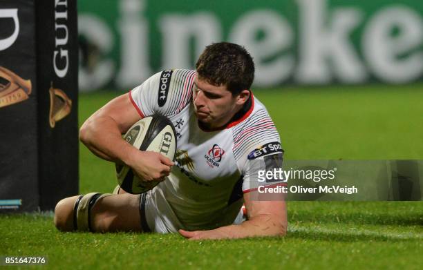 Belfast, United Kingdom - 22 September 2017; Nick Timoney of Ulster scoring his sides 7th try during the Guinness PRO14 Round 4 match between Ulster...