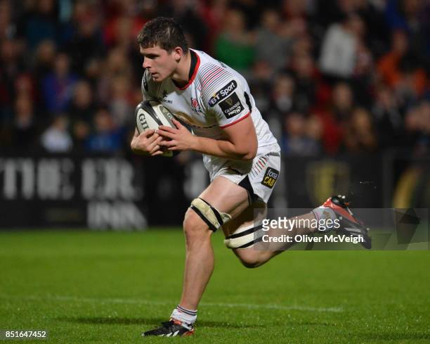Belfast, United Kingdom - 22 September 2017; Nick Timoney of Ulster en route to scoring his sides 7th try during the Guinness PRO14 Round 4 match...