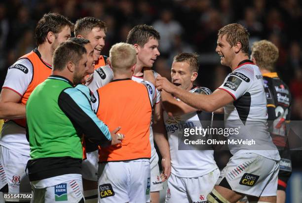 Belfast, United Kingdom - 22 September 2017; Nick Timoney of Ulster, centre, celebrates with team mates after scoring his sides 7th try during the...