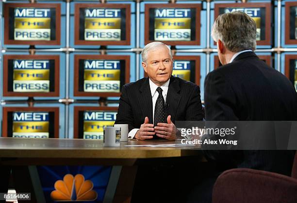 Secretary of Defense Robert Gates speaks as he is interviewed by moderator David Gregory during a taping of "Meet the Press" at the NBC studio...