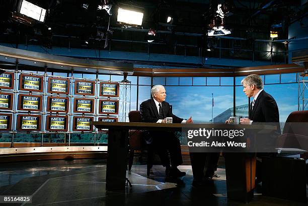 Secretary of Defense Robert Gates speaks as he is interviewed by moderator David Gregory during a taping of "Meet the Press" at the NBC studio...