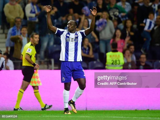 Porto's Cameroonian forward Vincent Aboubakar celebrates after scoring a goal during the Portuguese league football match FC Porto vs Portimonense SC...