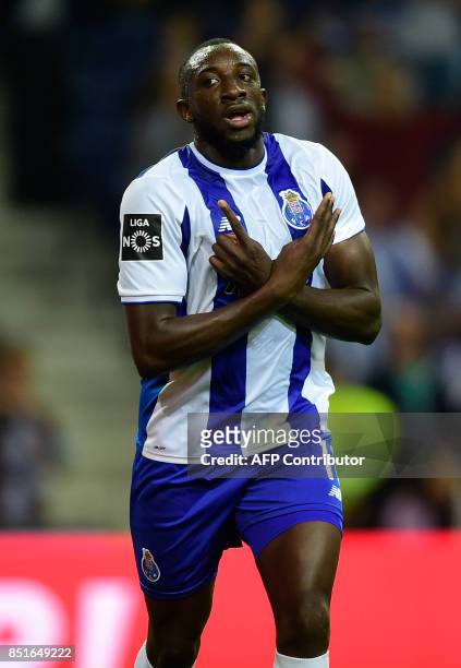 Porto's Cameroonian forward Vincent Aboubakar celebrates after scoring a goal during the Portuguese league football match FC Porto vs Portimonense SC...
