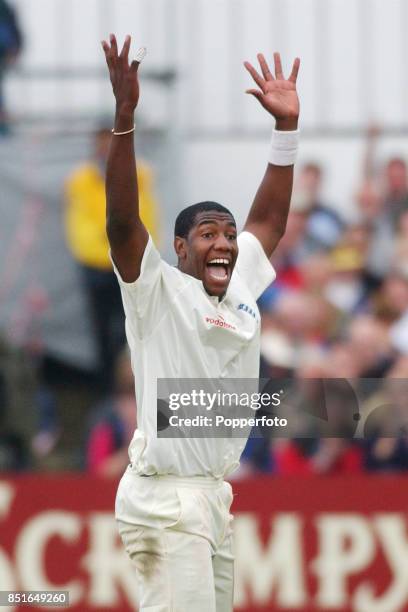 Alex Tudor of England celebrates during the Third npower Test match between England and India on August 23, 2002 at Headingley in Leeds.