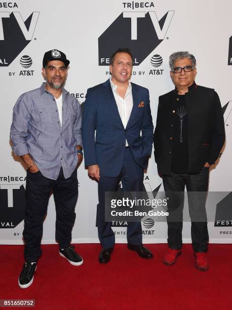 Filmmaker Gotham Chopra, Christopher Long and Deepak Chopra attend the Tribeca TV Festival season premiere of Religion of Sports at Cinepolis Chelsea...