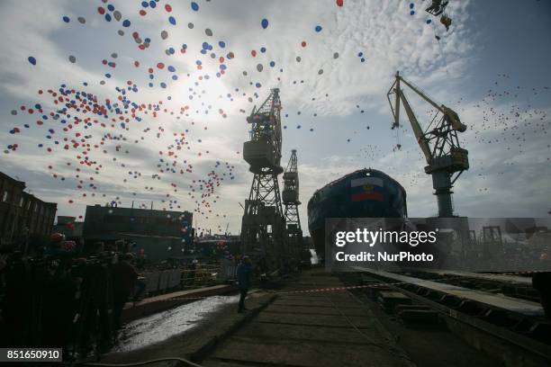 Launching the world's largest icebreaker Siberia to the Baltic shipyard in St. Petersburg, Russia 22 september 2017