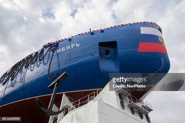 View of the nuclear-powered icebreaker &quot;Sibir&quot; during ceremony to float out at the Baltic Shipyard in St. Petersburg, Russia, on 22...