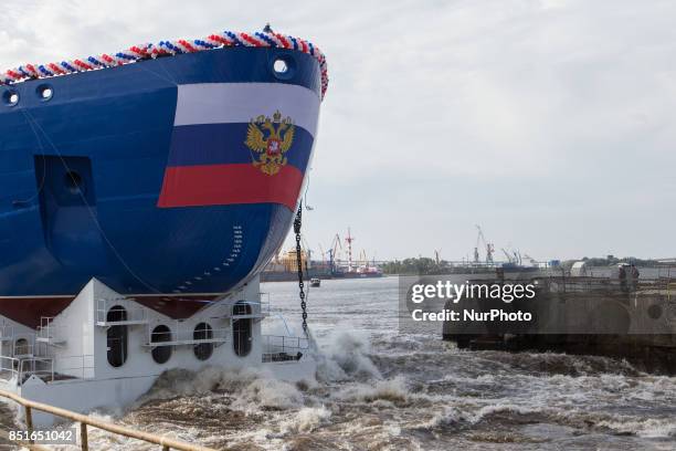 View of the nuclear-powered icebreaker &quot;Sibir&quot; during ceremony to float out at the Baltic Shipyard in St. Petersburg, Russia, on 22...