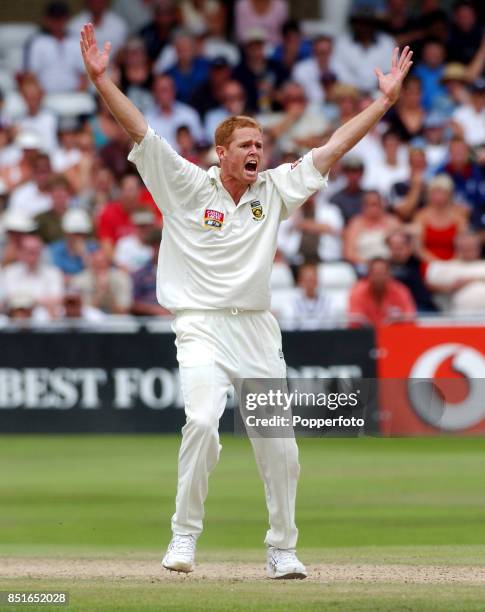 Shaun Pollock of South Africa appeals on the way to his six wicket haul during the Third npower Test match between England and South Africa at Trent...