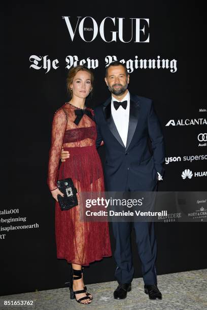 Johanna Hauksdottir and Fabio Volo attend the Vogue Italia 'The New Beginning' Party during Milan Fashion Week Spring/Summer 2018 on September 22,...