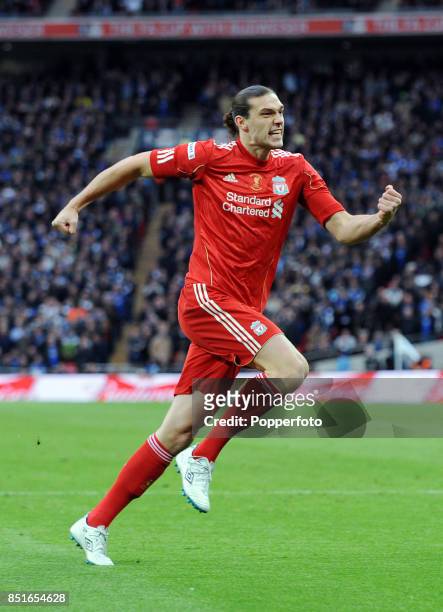 Andy Carroll of Liverpool celebrates after scoring a goal during the FA Cup with Budweiser Final match between Liverpool and Chelsea at Wembley...