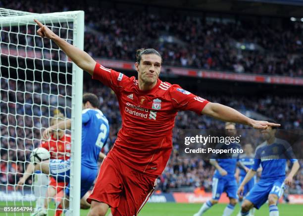 Andy Carroll of Liverpool celebrates after scoring a goal which was disallowed during the FA Cup with Budweiser Final match between Liverpool and...