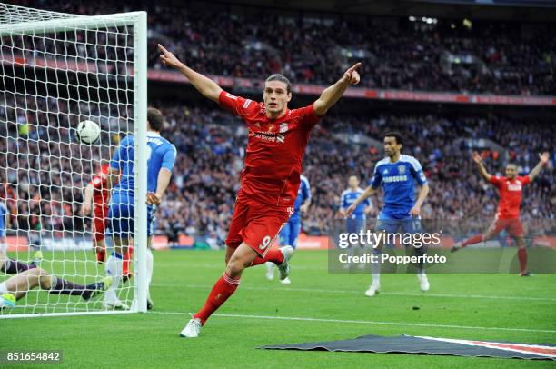 Andy Carroll of Liverpool celebrates after scoring a goal which was disallowed during the FA Cup with Budweiser Final match between Liverpool and...