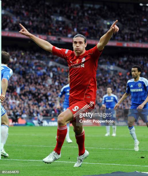 Andy Carroll of Liverpool celebrates after scoring a goal which was disallowed during the FA Cup with Budweiser Final match between Liverpool and...