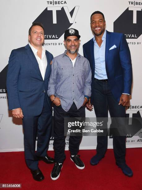 Christopher Long, Filmmaker Gotham Chopra and Michael Strahan attend the Tribeca TV Festival season premiere of Religion of Sports at Cinepolis...