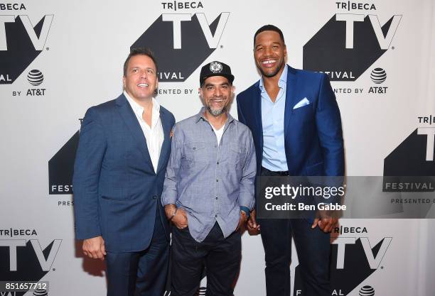 Christopher Long, Filmmaker Gotham Chopra and Michael Strahan attend the Tribeca TV Festival season premiere of Religion of Sports at Cinepolis...