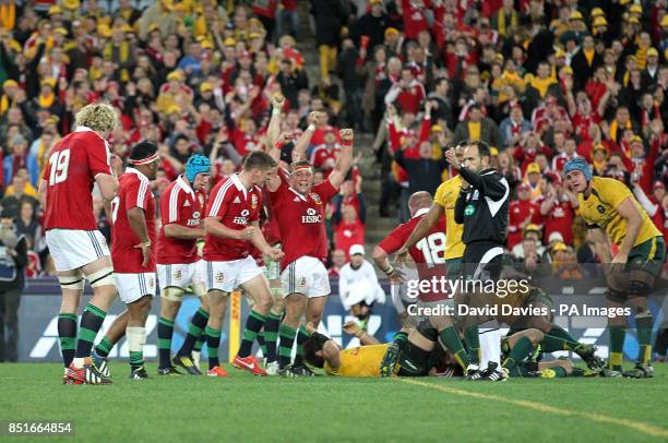 British and Irish Lions players celebrate their victory at the final whistle