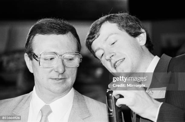 Snooker players Steve Davis and Dennis Taylor who recently contested the classic black ball World Championship Final in Sheffield, attend a press...