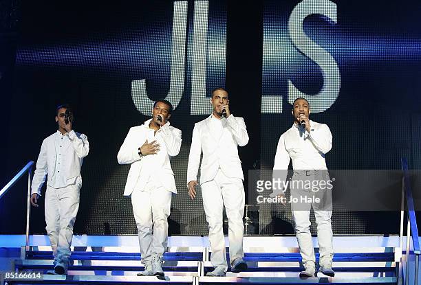 Aston Merrygold, Oritse Williams, Marvin Humes and Jonathan "JB" Gill of JLS perform on stage during the X Factor Live Tour at Wembley Arena on March...
