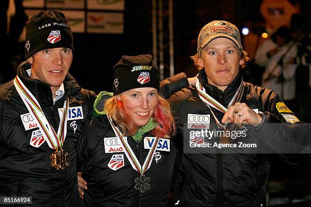 Bill Demong of USA poses with his gold medal for the FIS Nordic World Championships Gundersen LH HS134/10Km event on February 28, 2009 in Liberec,...