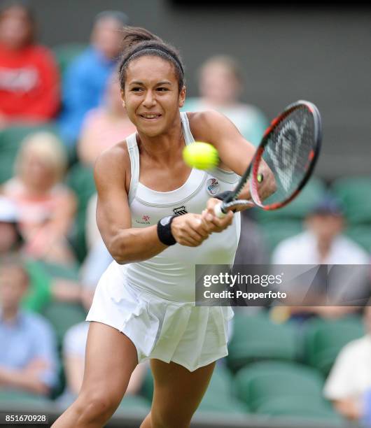 Heather Watson of Great Britain in action during her women's singles first round match against Iveta Benesova of the Czech Republic on Day One of the...