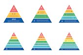Business infographics. Triangle, pyramid with 3, 4, 5, 6, 7, 8 steps, levels. Vector templates.