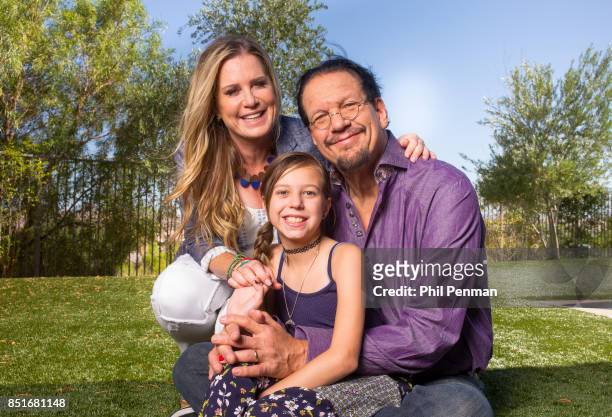 Magician Penn Jillette, wife Emily and daughter Moxie are photographed for Closer Weekly Magazine on June 15, 2016 at home in Nevada. PUBLISHED IMAGE.