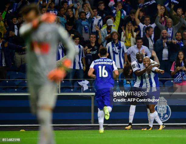 Porto's Algerian forward Yacine Brahimi celebrates after scoring a goal during the Portuguese league football match FC Porto vs Portimonense at the...