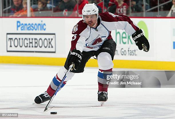 Brett Clark of the Colorado Avalanche skates against the New Jersey Devils at the Prudential Center on February 26, 2009 in Newark, New Jersey. The...