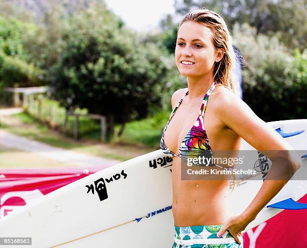 Alana Blanchard of the USA contemplates her round one victory over Amee Donohoe of Australia and Jacqueline Silva of Brasil during the Roxy Pro Gold...