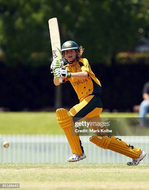 Ellyse Perry of Australia plays the ball to the leg side during the ICC Women's World Cup 2009 Warm Up match between the Australian Southern Stars...