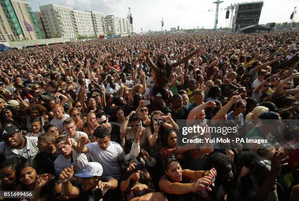 The crowd watching Kendrick Lamar performing on the Main Stage at the Yahoo! Wireless Festival, at the Queen Elizabeth Olympic Park in east London.