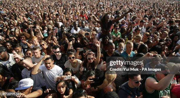 The crowd watching Kendrick Lamar performing on the Main Stage at the Yahoo! Wireless Festival, at the Queen Elizabeth Olympic Park in east London....