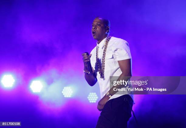 Jay Z performing on the Main Stage at the Yahoo! Wireless Festival, at the Queen Elizabeth Olympic Park in east London.