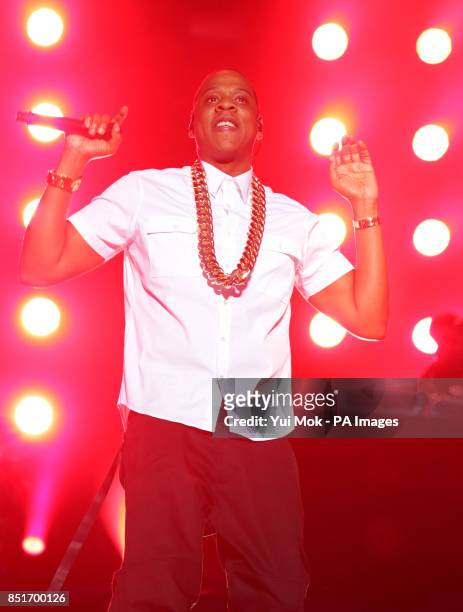 Jay Z performing on the Main Stage at the Yahoo! Wireless Festival, at the Queen Elizabeth Olympic Park in east London.