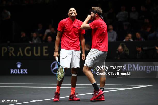 Nick Kyrgios playing with Jack Sock of Team World react during there doubles match against Tomas Berdych and Rafael Nadal of Team Europe on the first...