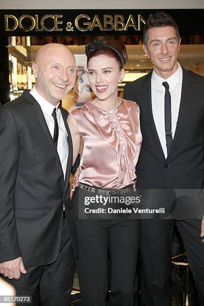 Domenico Dolce, Scarlett Johansson and Stefano Gabbana attend the Dolce & Gabbana "The MakeUp" at the Rinascente during Milan Fashion Week Womenswear...