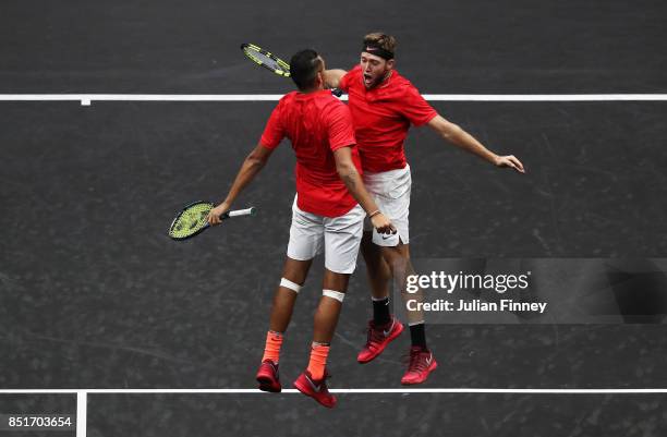 Nick Kyrgios and Jack Sock of Team World celebrate winning a point during there doubles match against Tomas Berdych and Rafael Nadal of Team Europe...