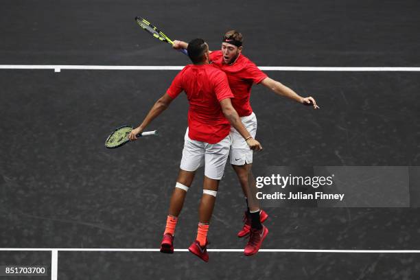 Nick Kyrgios and Jack Sock of Team World celebrate winning a point during there doubles match against Tomas Berdych and Rafael Nadal of Team Europe...