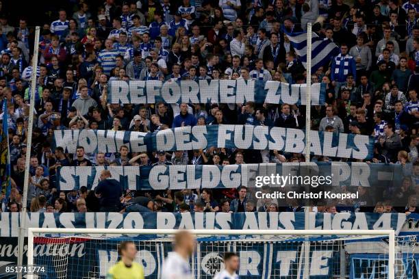 Fans of Duisburg show a banner during the Second Bundesliga match between MSV Duisburg and Holstein Kiel at Schauinsland-Reisen-Arena on September...