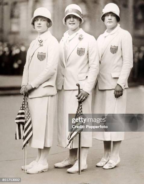 From left, American swimmers Aileen Riggin , Gertrude Ederle and Helen Wainwright posed in New York after returning from competing in the Women's...