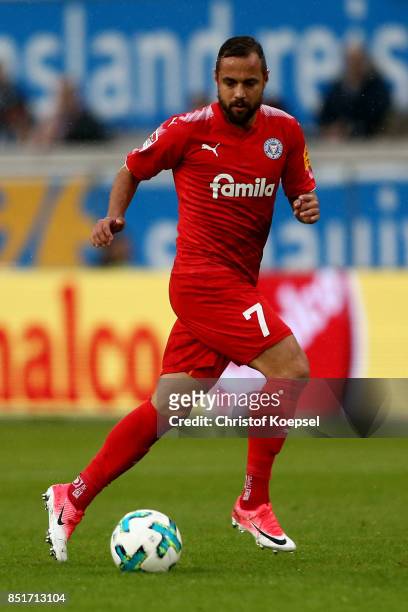 Sebastian Heidingerof Kiel runs with the ball during the Second Bundesliga match between MSV Duisburg and Holstein Kiel at Schauinsland-Reisen-Arena...