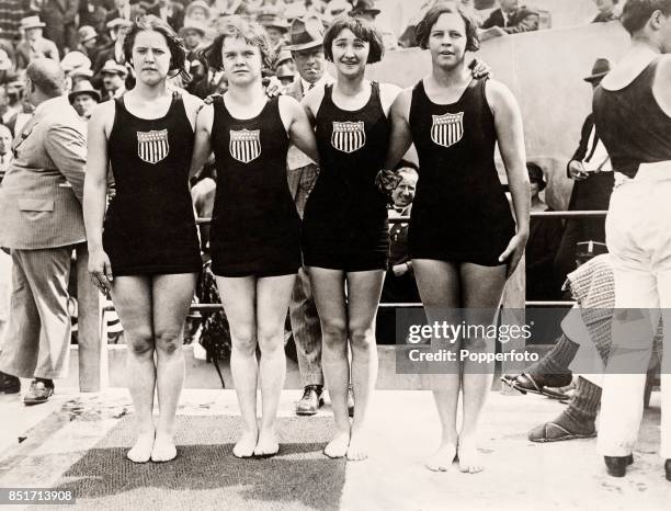 American swimmers, from left, Gertrude Ederle, Euphrasia Donnelly, Ethel Lackie and Mariechen Wehselau of the United States team posed at the side of...
