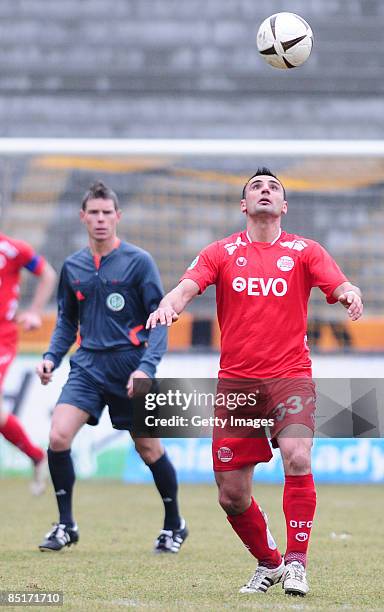 Suat Tuerker of Kickers Offenbach in action - Referee Michael Kempter during the 3. Liga match between Dynamo Dresden and Kickers Offenbach at the...