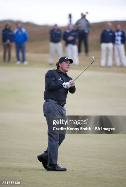Phil Mickelson plays his approach into the 5th hole during day four of the Aberdeen Asset Management Scottish Open at Castle Stuart Golf Course,...